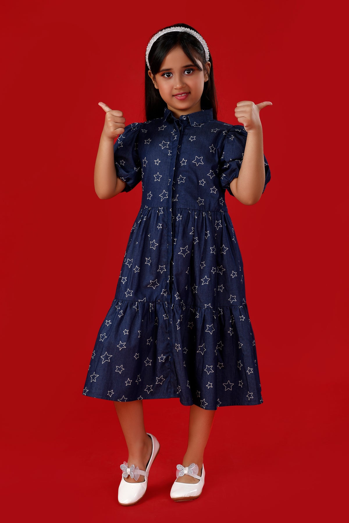 Blue Denim Dress with Star Print