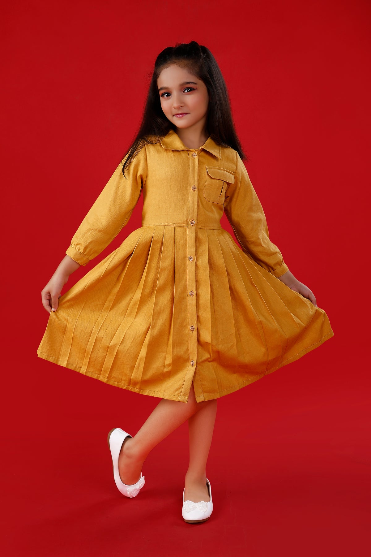 Mustard Yellow Cotton Shirt Dress with Belt