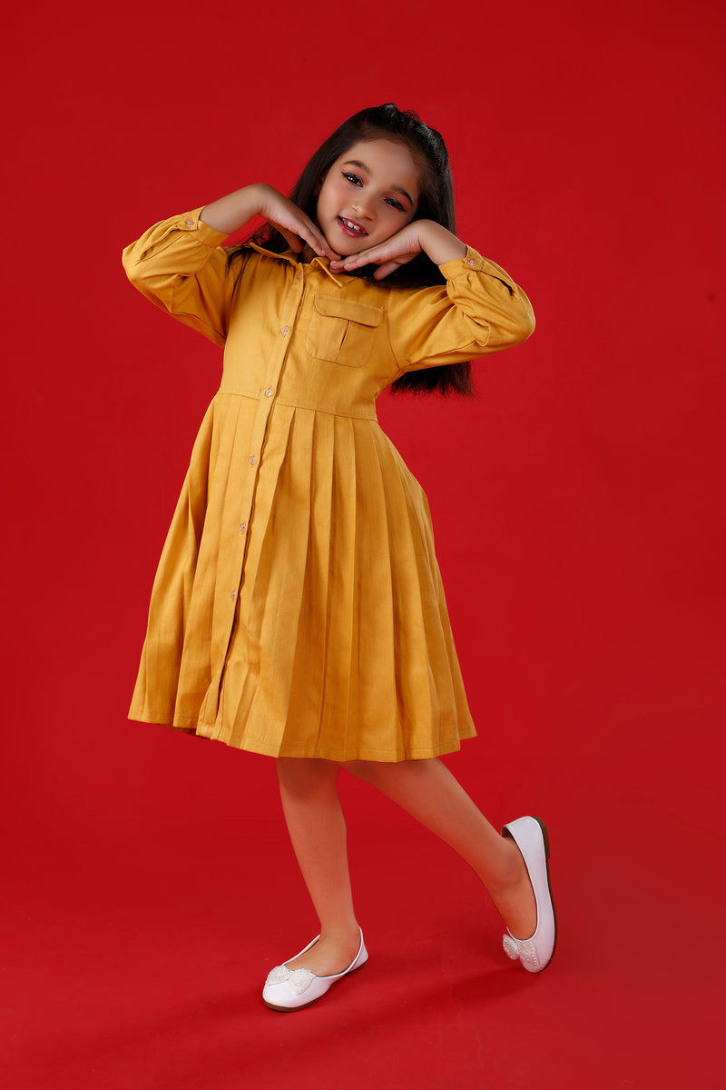 Mustard Yellow Cotton Shirt Dress with Belt