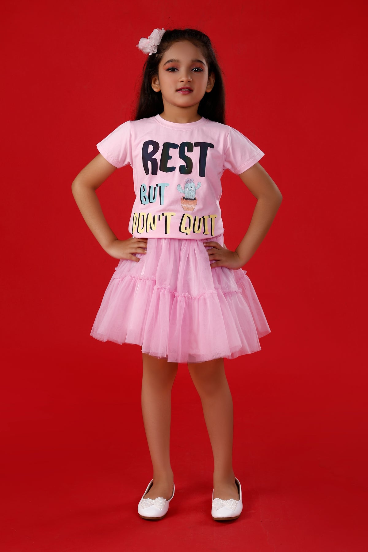 Light Pink Cute T-Shirt with Pink Tulle Skirt  "Rest But Don'T Quit !"