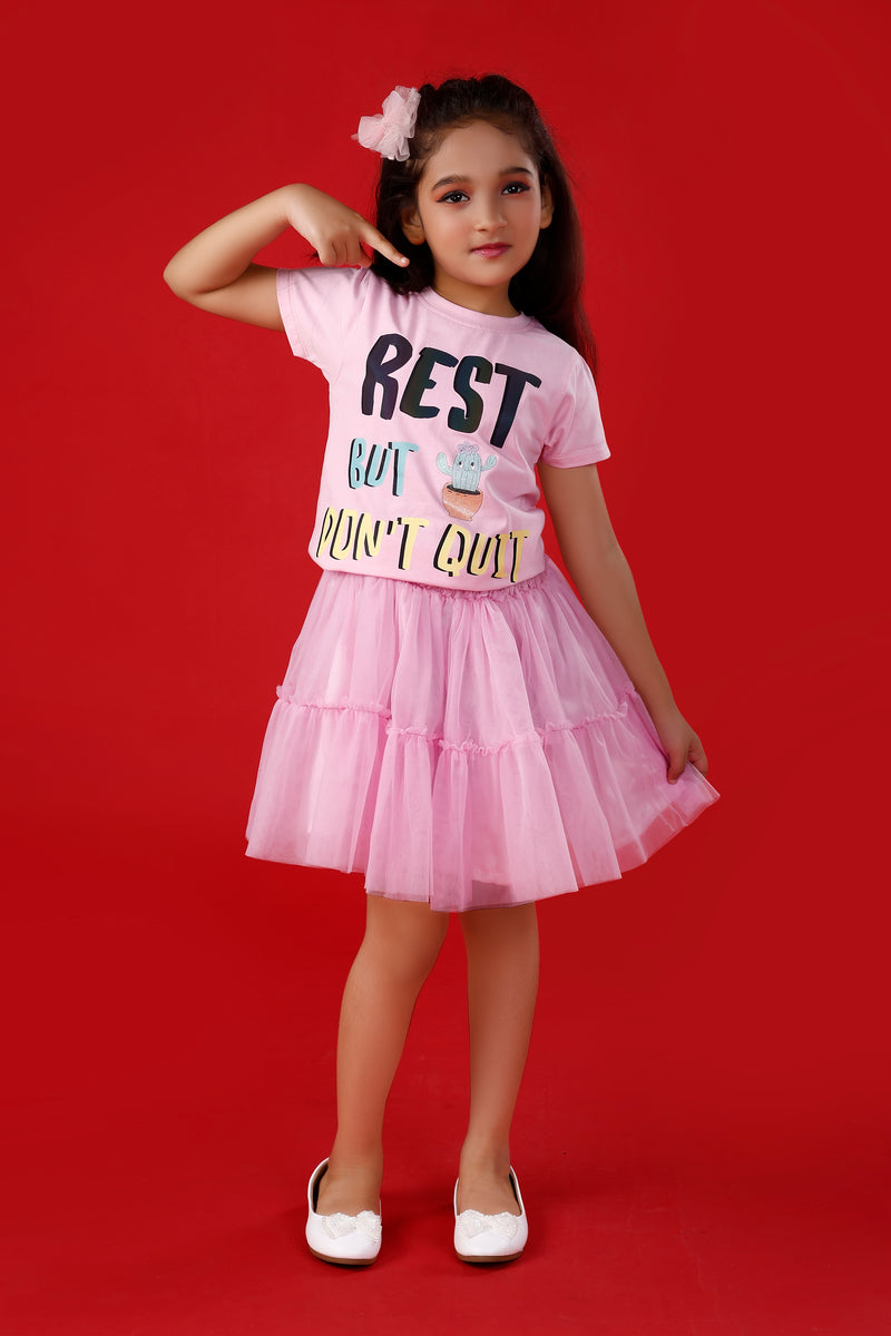 Light Pink Cute T-Shirt with Pink Tulle Skirt  "Rest But Don'T Quit !"