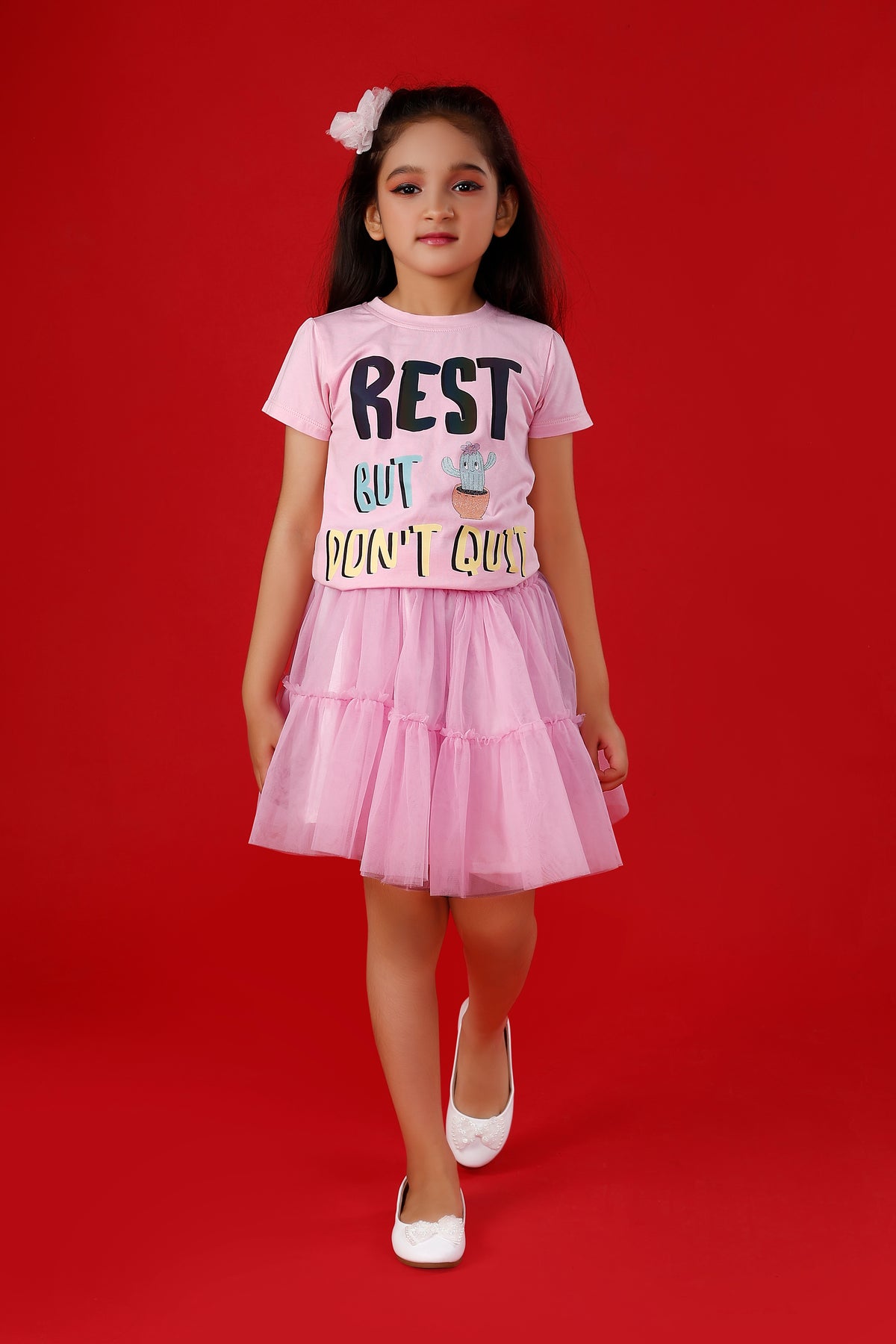 Light Pink Cute T-Shirt with Pink Tulle Skirt  "Rest But Don'T Quit !"