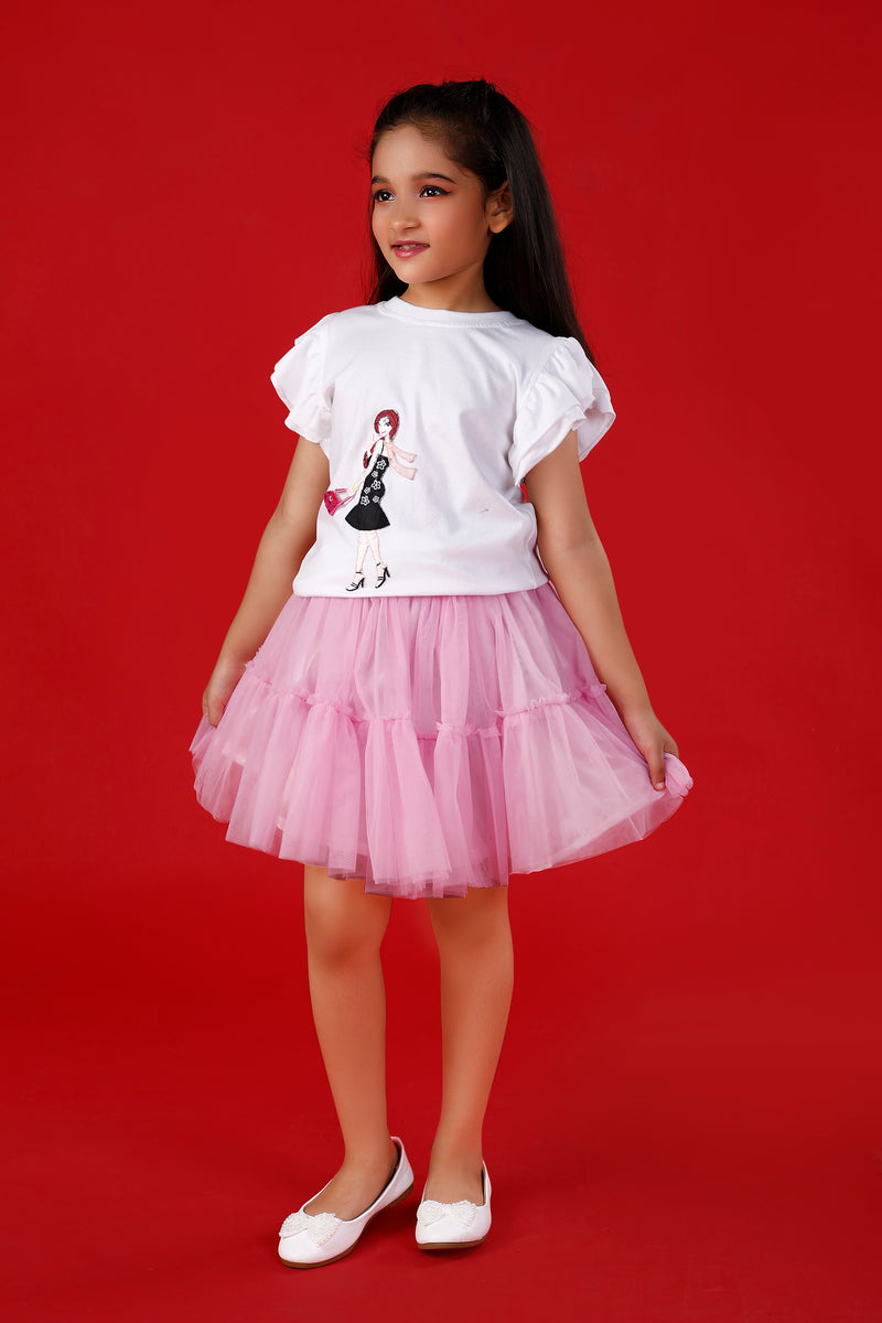 White Cute Printed T-Shirt with Pink Tulle Skirt