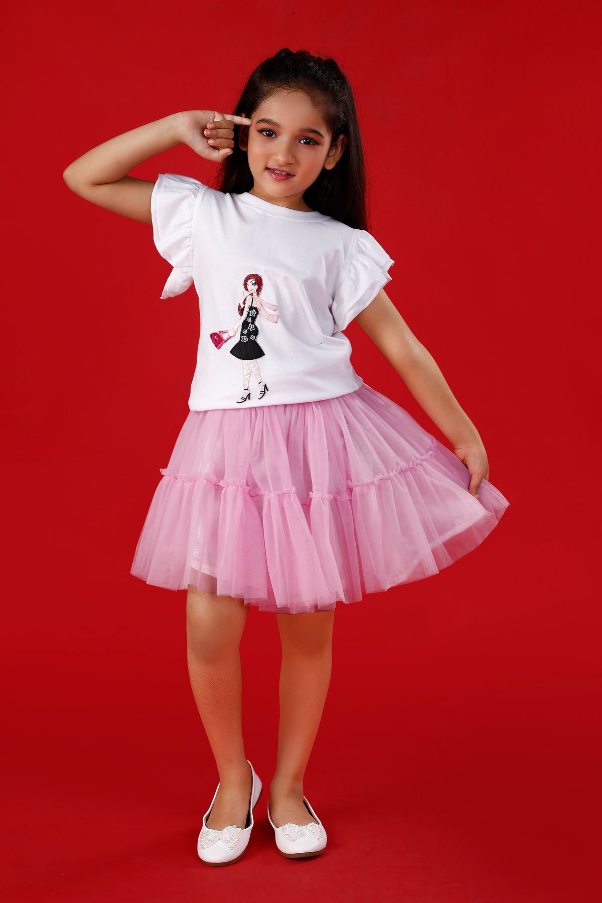 White Cute Printed T-Shirt with Pink Tulle Skirt