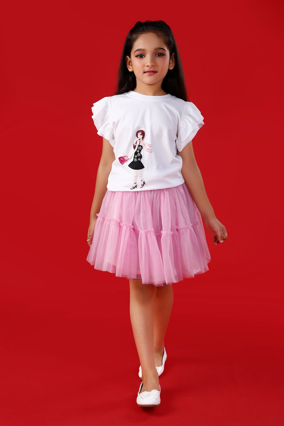 White Cute Printed T-Shirt with Pink Tulle Skirt