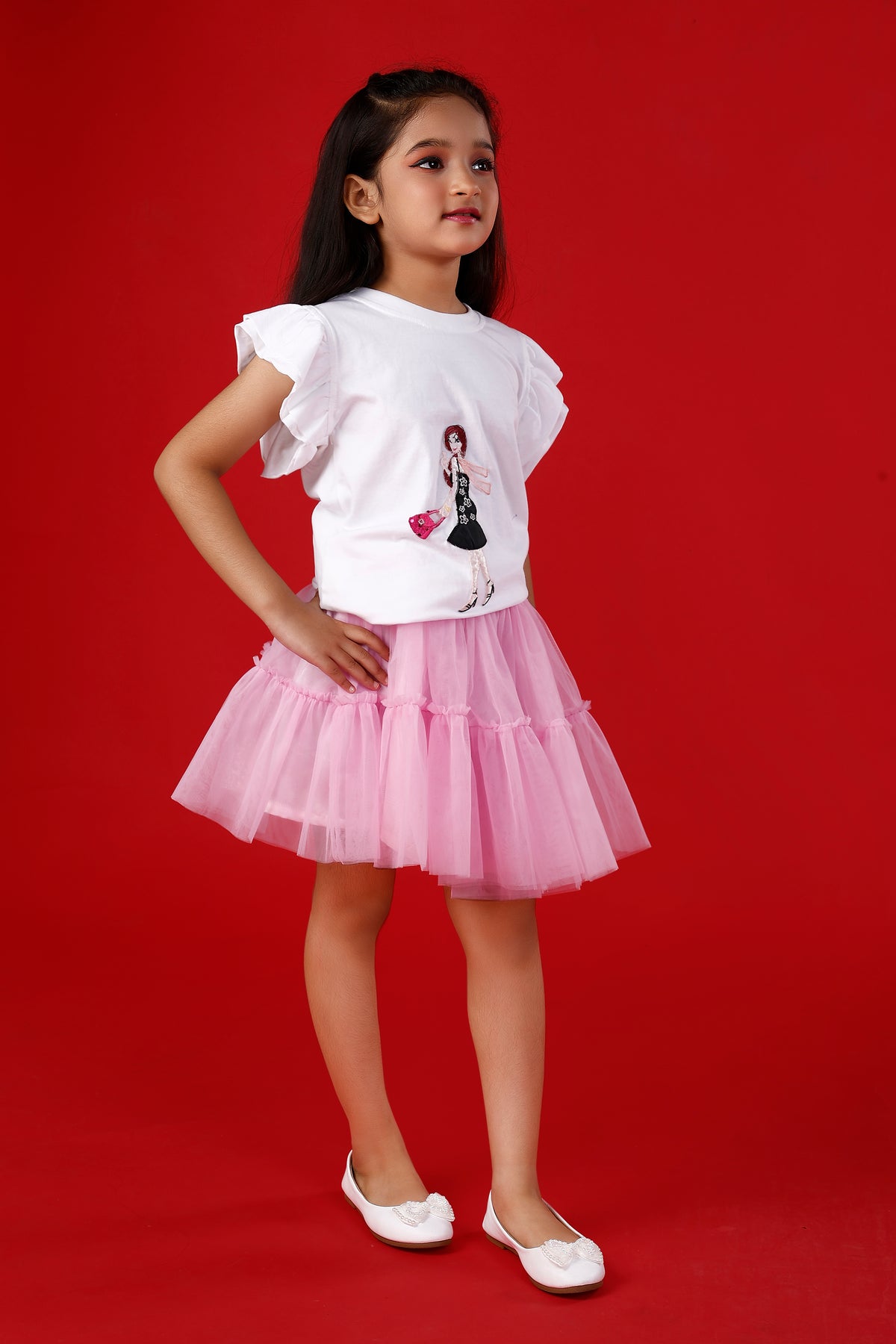 White Cute Printed T-Shirt with Pink Tulle Skirt