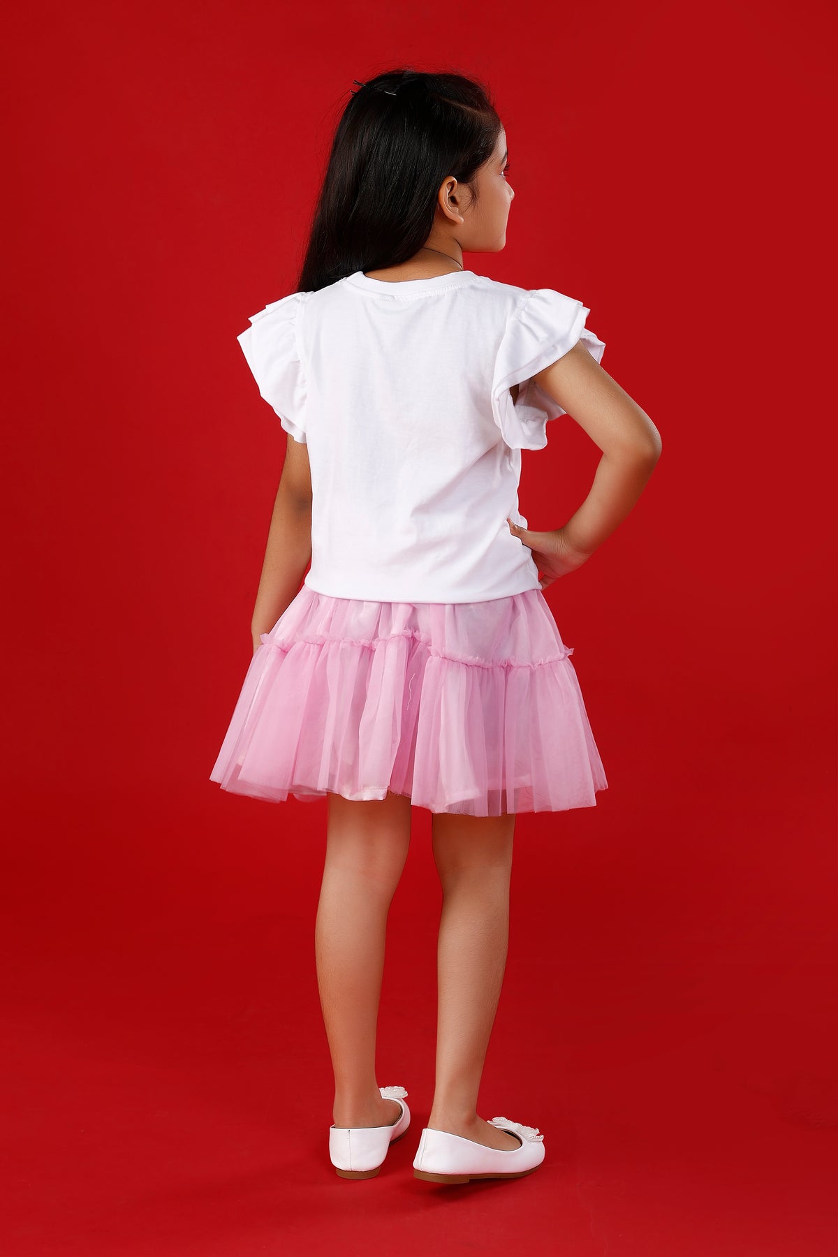 White Cute Printed T-Shirt with Pink Tulle Skirt