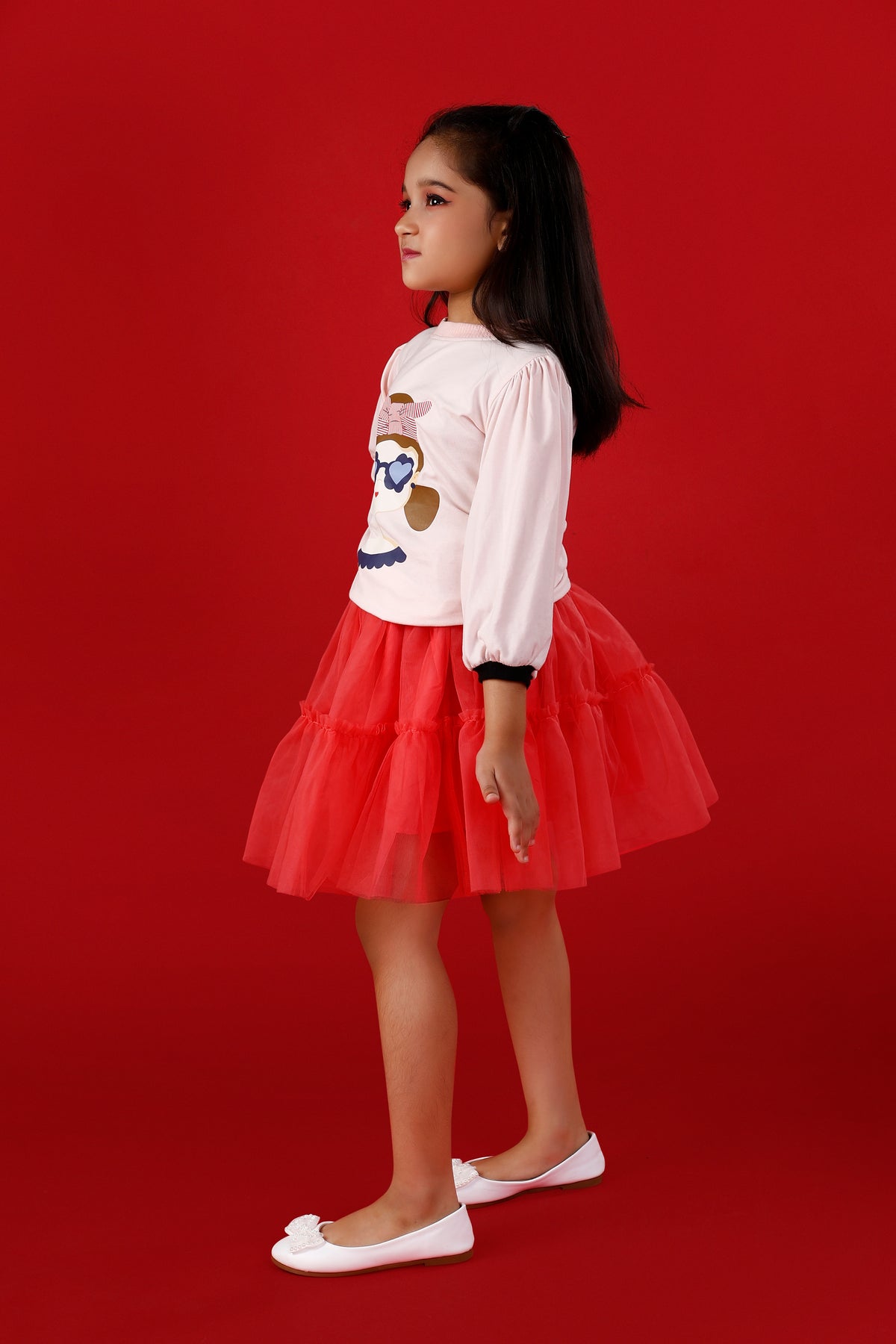 Light Pink Cute T-Shirt with Red Tulle Skirt