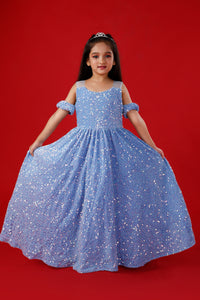 Light Blue Sequins Exaggerated Princess Ball Gown: Frozen Inspired