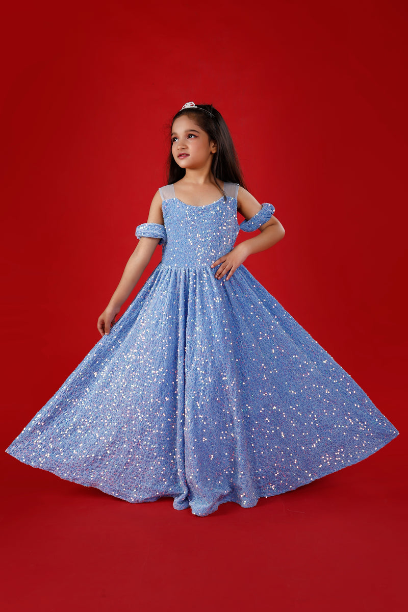 Light Blue Sequins Exaggerated Princess Ball Gown: Frozen Inspired