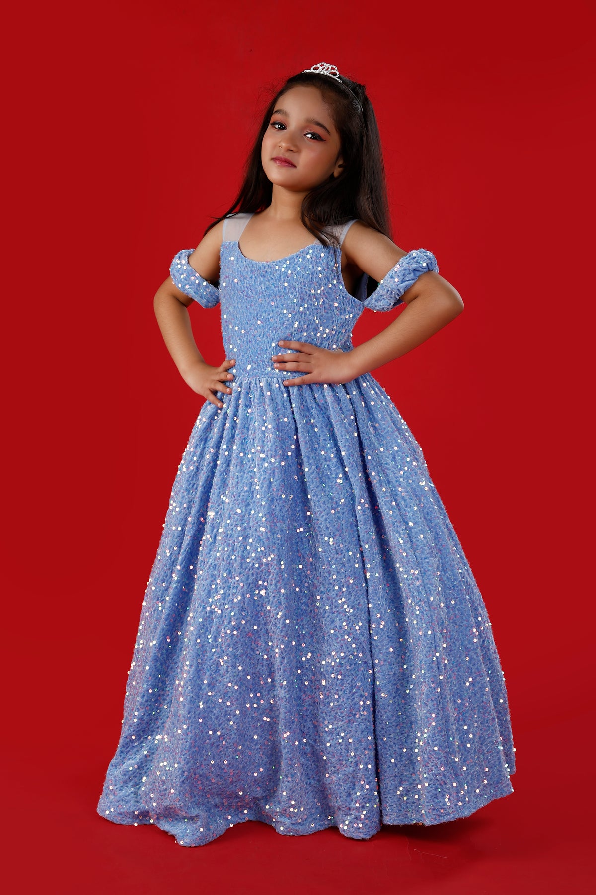 Light Blue Sequins Exaggerated Princess Ball Gown: Frozen Inspired