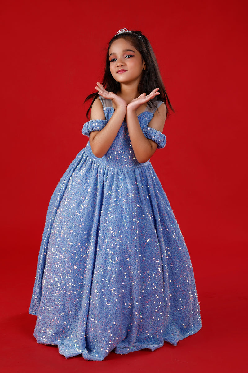 Light Blue Sequins Exaggerated Princess Ball Gown: Frozen Inspired