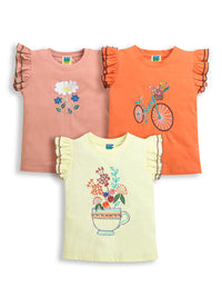 Pink-Orange-Lt Yellow Frill Sleeve Floral Designs Embroidery Girls T-shirts (Pack Of 3)