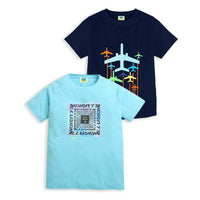 Pack of 2 Navy Blue-Flying Plane & Sky Blue-Illusion Print Cotton T-shirt