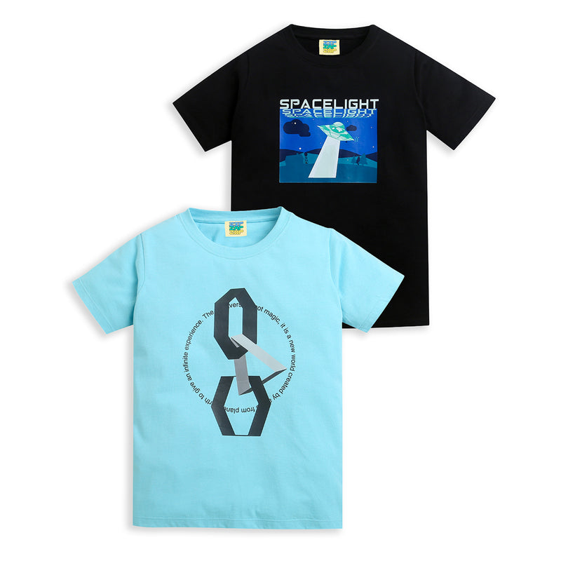 Pack of 2 Sky Blue-Infinity & Black-Space Light Print Cotton T-shirt