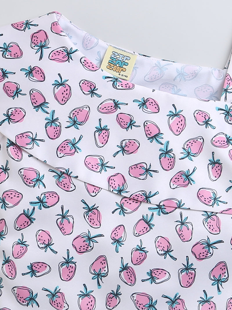 White & Pink Strawberry Print one Sleeve Girls Top