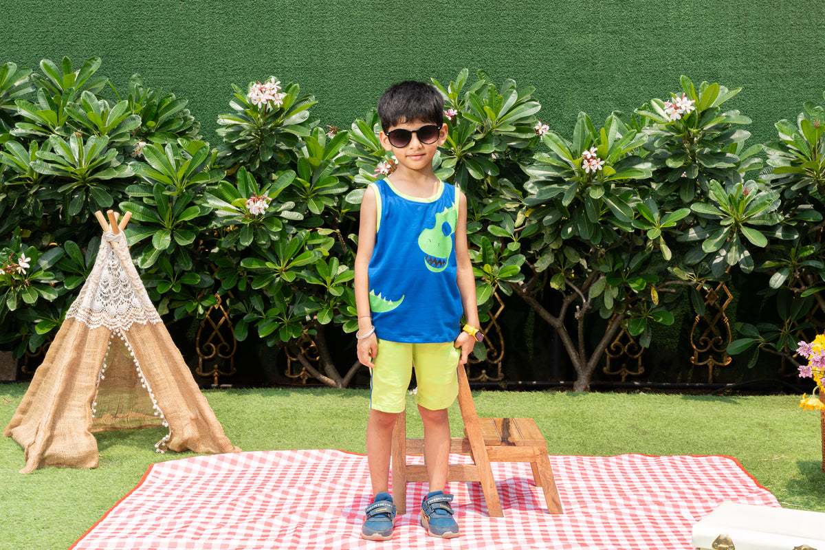 Blue & Neon Sleeveless Dinosaur Print T-shirt & Shorts Co-ord set