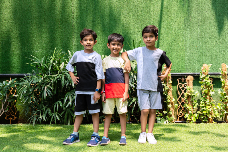 Grey White Black Half Sleeve T-shirt & Shorts Boys Co-ord Set