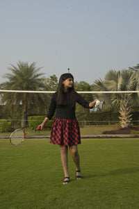 Black Cotton Dress with Red Checks Design