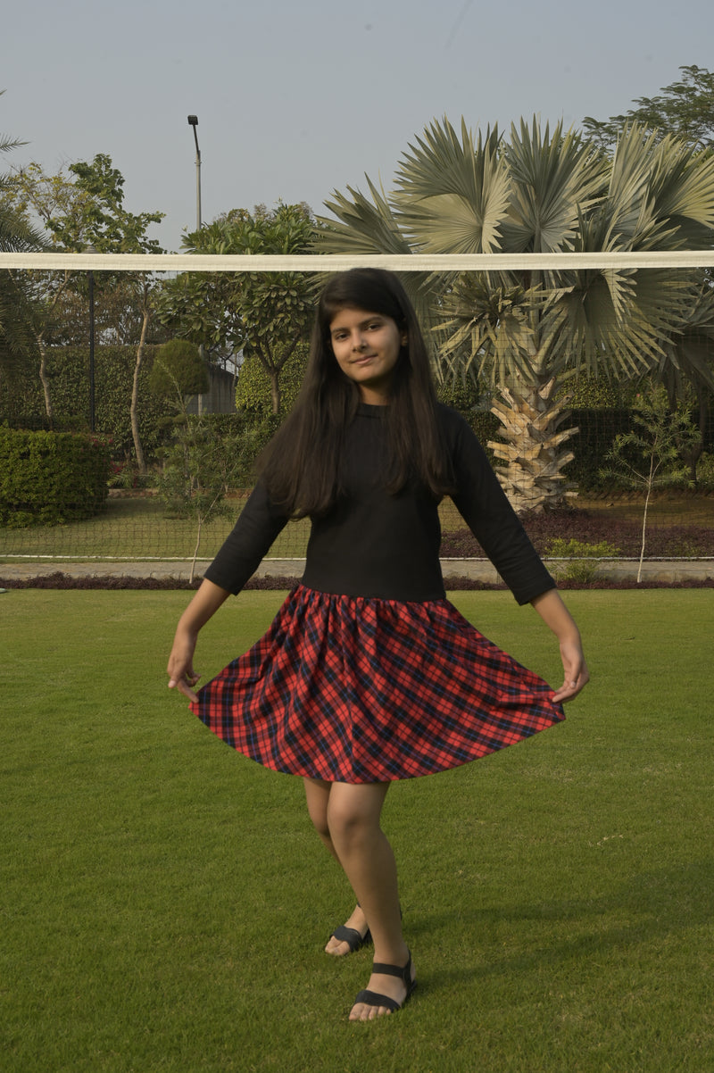 Black Cotton Dress with Red Checks Design