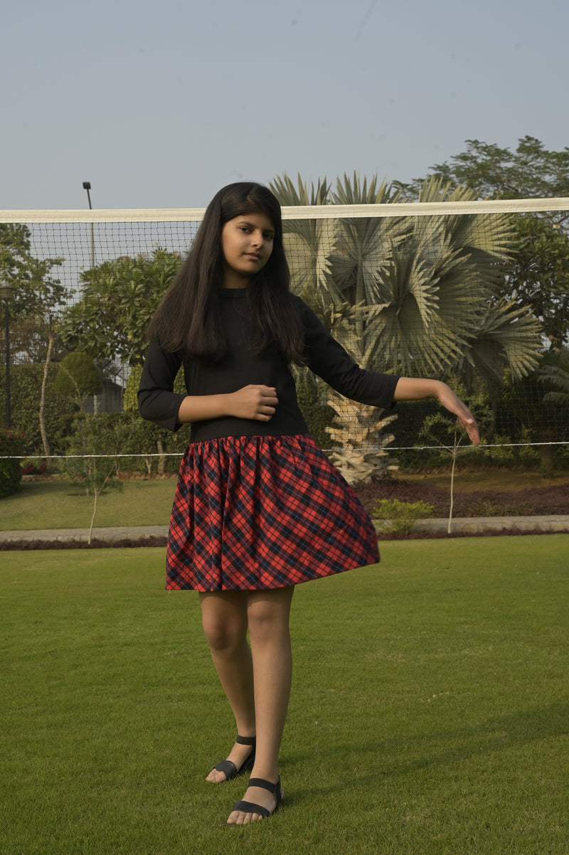 Black Cotton Dress with Red Checks Design