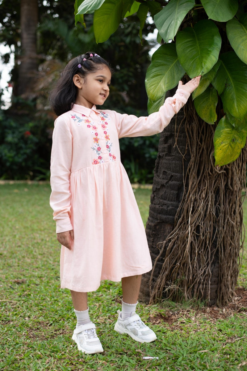 Peach Full Sleeve Collar Neck Embroidery Girls Dress