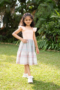 Peach Check Pattern Smocked Dress