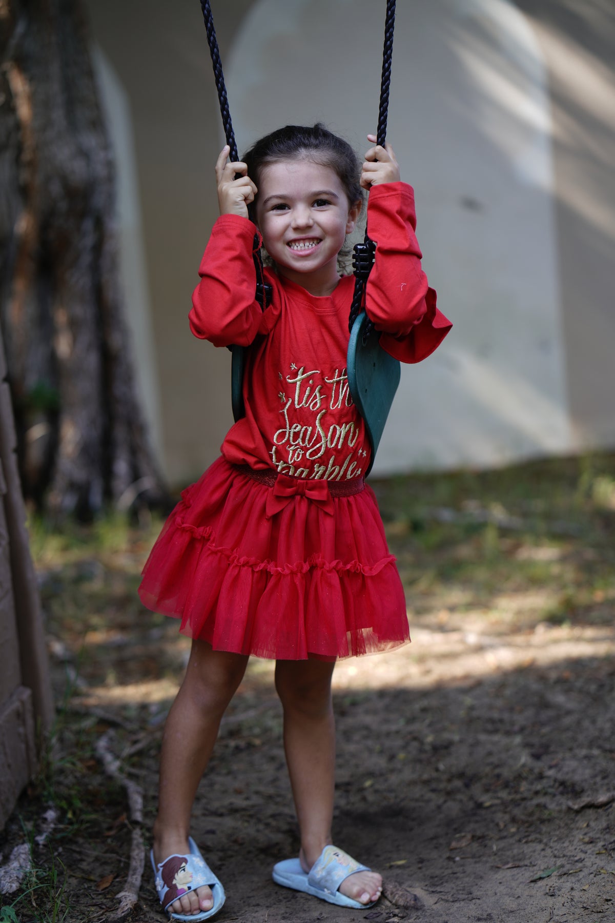 Red Ruffled Shoulder Golden Print Top & Red Net Skirt "Tis The Season To Sparkle"