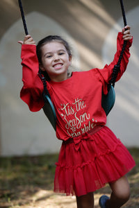 Red Ruffled Shoulder Golden Print Top & Red Net Skirt "Tis The Season To Sparkle"