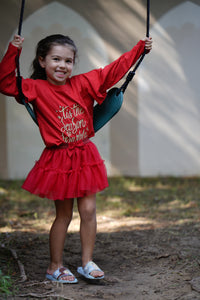 Red Ruffled Shoulder Golden Print Top & Red Net Skirt "Tis The Season To Sparkle"