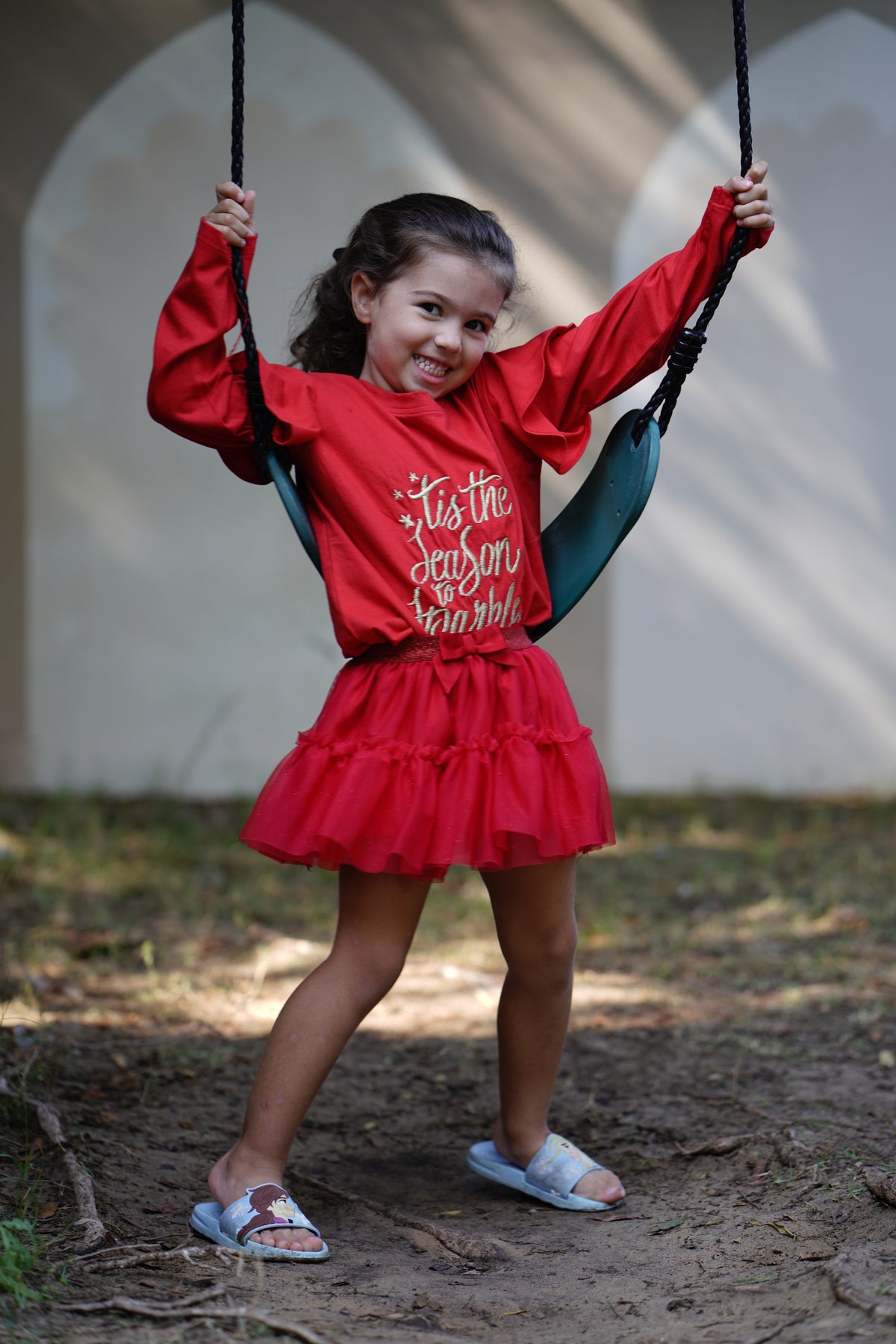 Red Ruffled Shoulder Golden Print Top & Red Net Skirt "Tis The Season To Sparkle"