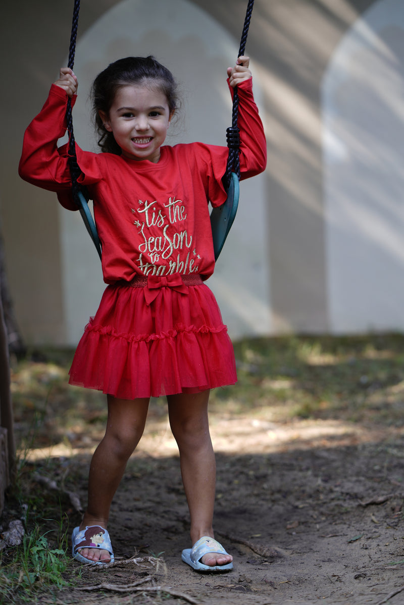 Red Ruffled Shoulder Golden Print Top & Red Net Skirt "Tis The Season To Sparkle"