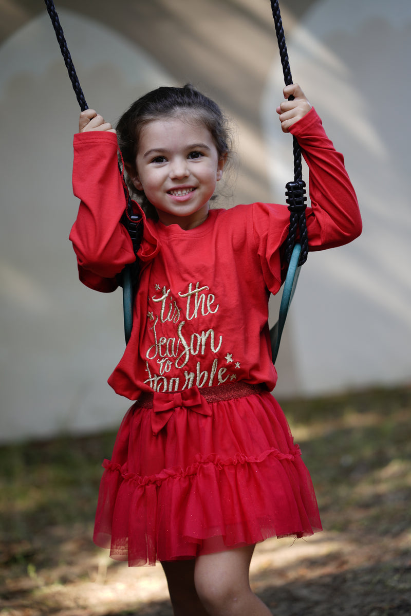 Red Ruffled Shoulder Golden Print Top & Red Net Skirt "Tis The Season To Sparkle"