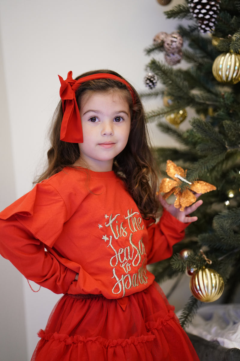 Red Ruffled Shoulder Golden Print Top & Red Net Skirt "Tis The Season To Sparkle"