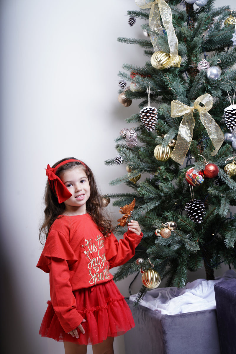 Red Ruffled Shoulder Golden Print Top & Red Net Skirt "Tis The Season To Sparkle"