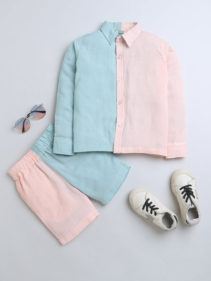 Blue-Peach Linen Shirt & Shorts Co-ord set