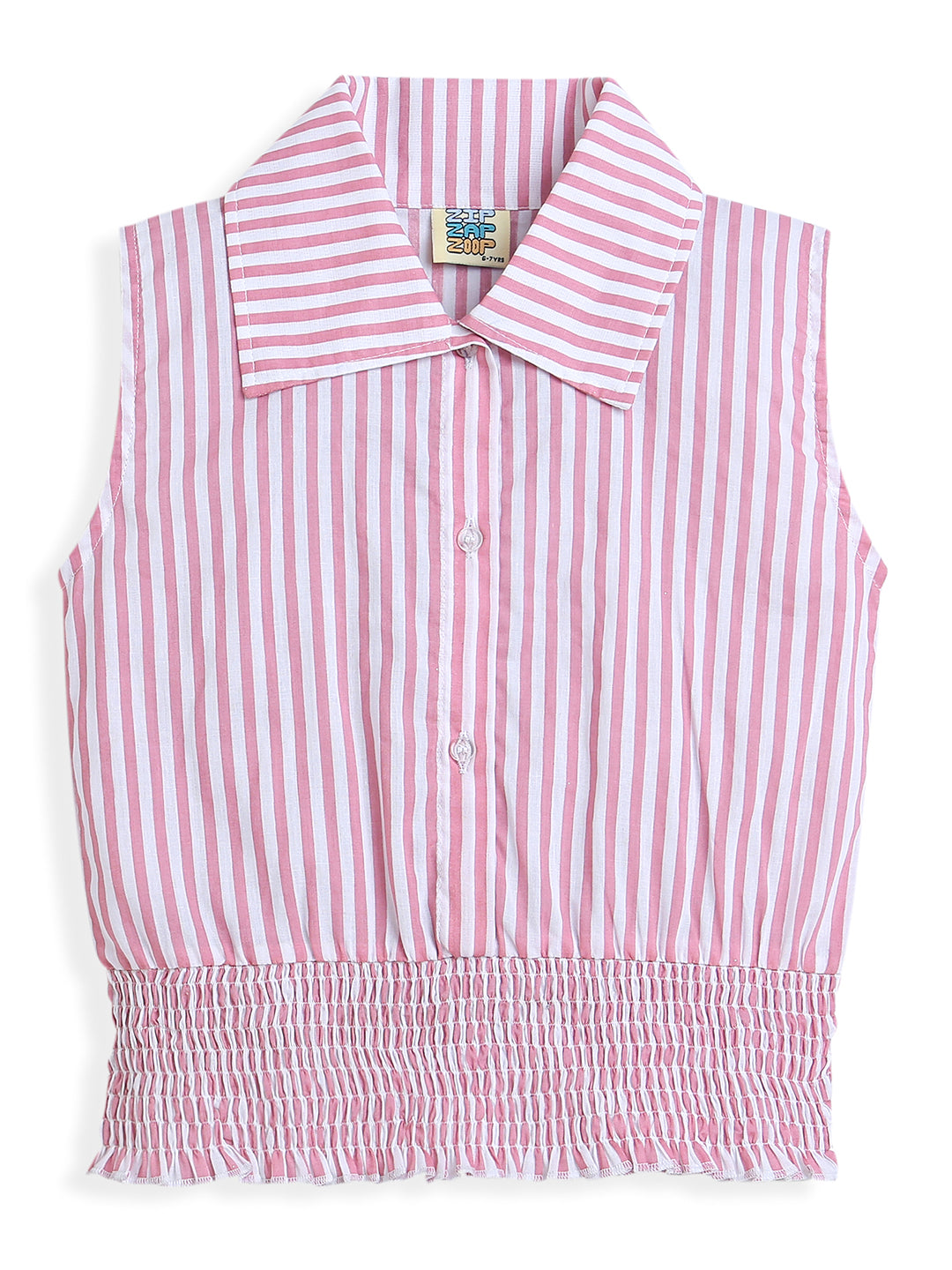 Pink Sleeveless Spread Collar Neck Striped Girls Shirt Top