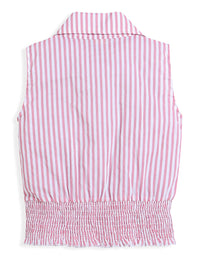 Pink Sleeveless Spread Collar Neck Striped Girls Shirt Top