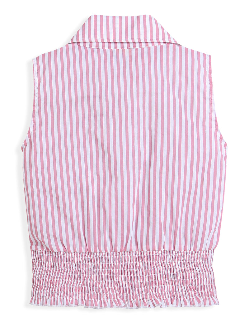 Pink Sleeveless Spread Collar Neck Striped Girls Shirt Top