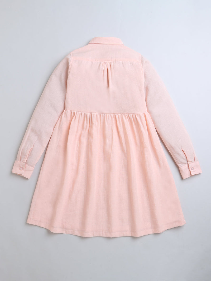 Peach Full Sleeve Collar Neck Embroidery Girls Dress