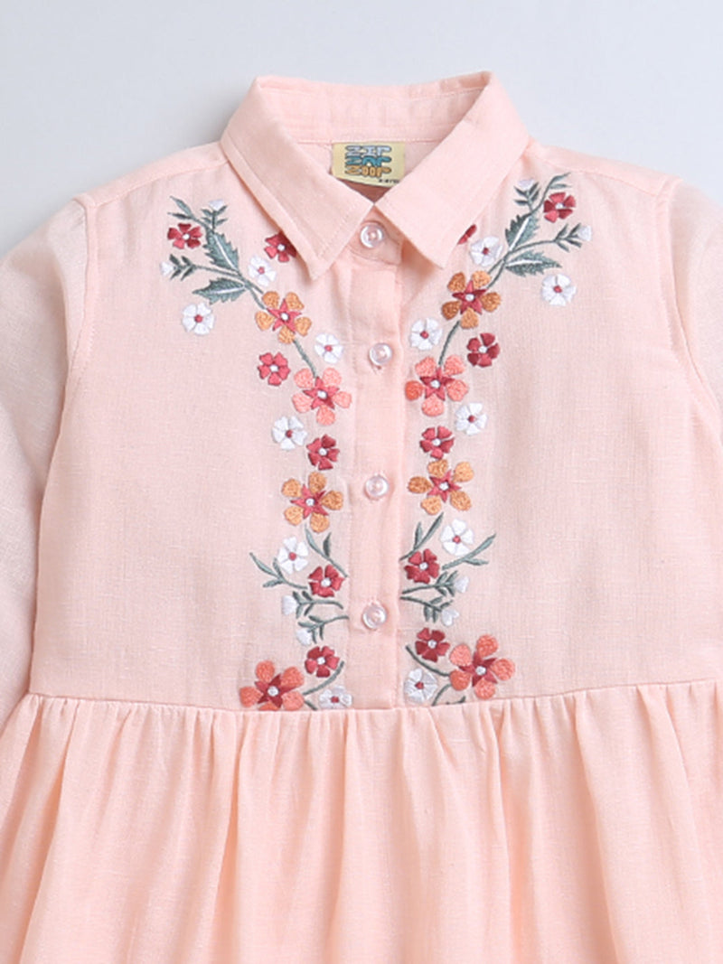 Peach Full Sleeve Collar Neck Embroidery Girls Dress