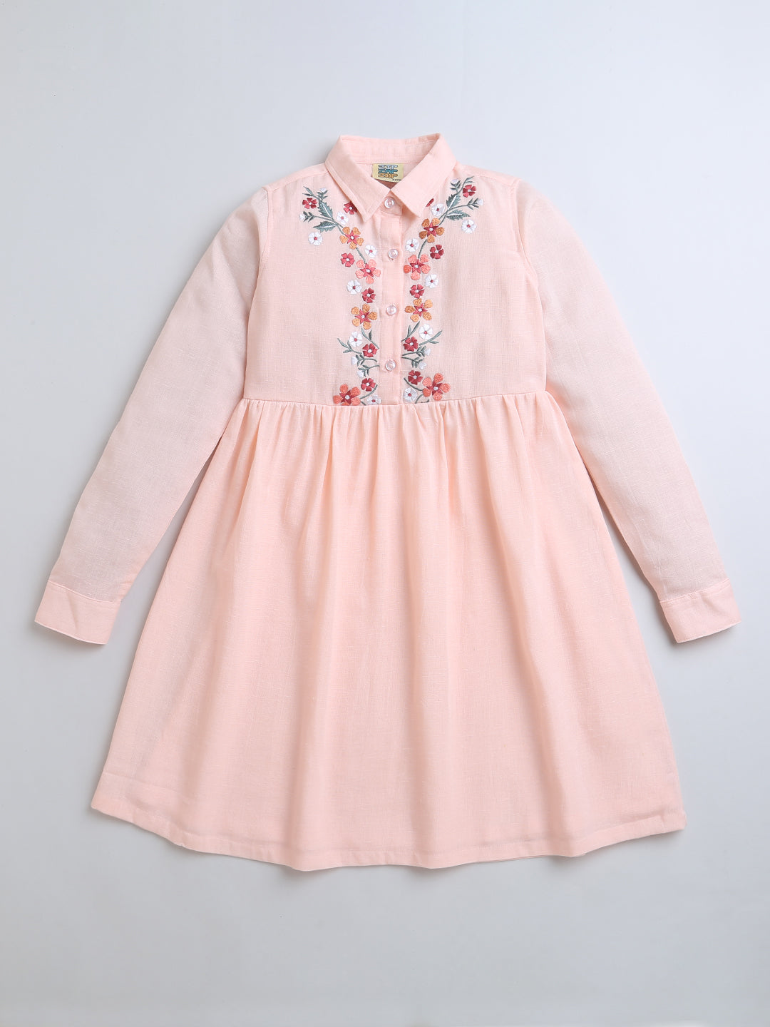 Peach Full Sleeve Collar Neck Embroidery Girls Dress