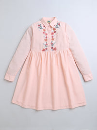 Peach Full Sleeve Collar Neck Embroidery Girls Dress