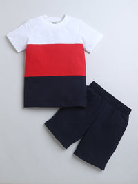 Blue Red White Color Block Half Sleeve T-shirt & Shorts Co-ord Set