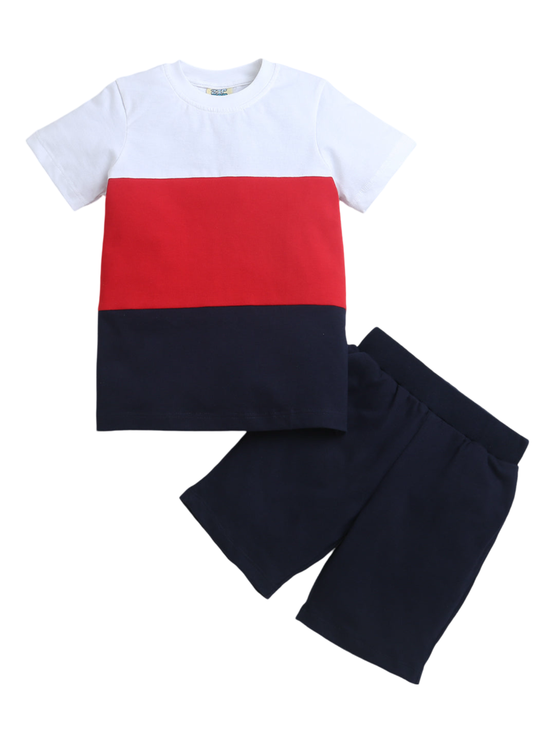 Blue Red White Color Block Half Sleeve T-shirt & Shorts Co-ord Set