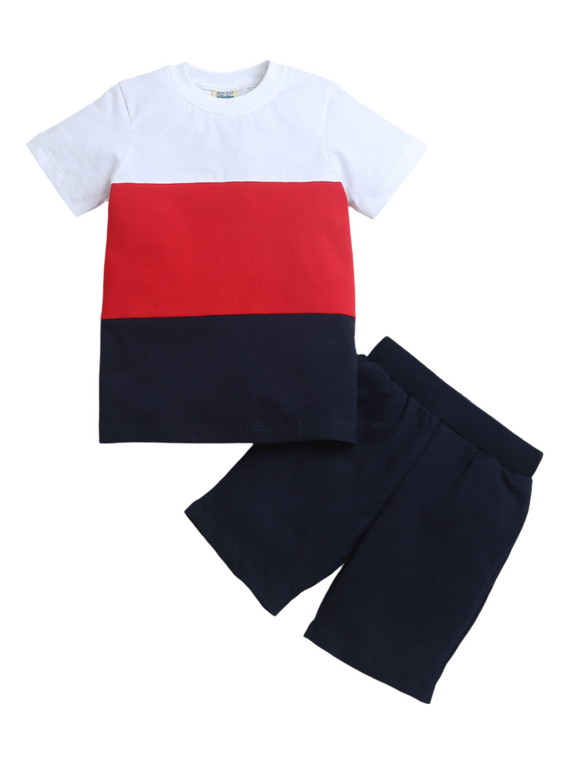 Blue Red White Color Block Half Sleeve T-shirt & Shorts Co-ord Set