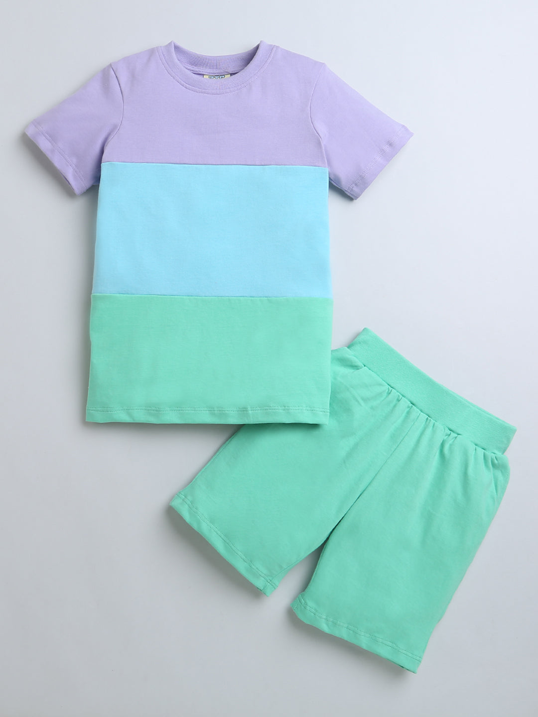 Green Blue Purple Color Block Half Sleeve T-shirt & Shorts Boys Co-ord Set