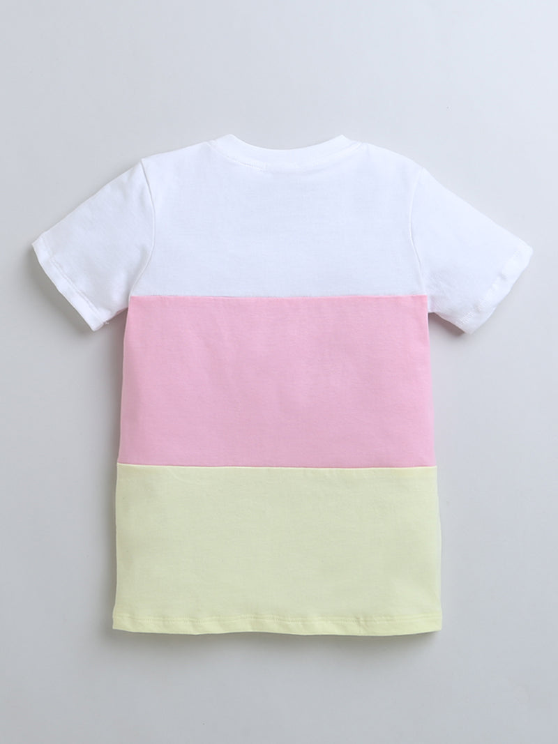 Yellow Pink White Color Block Half Sleeve T-shirt & Shorts Boys Co-ord Set