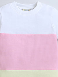 Yellow Pink White Color Block Half Sleeve T-shirt & Shorts Boys Co-ord Set