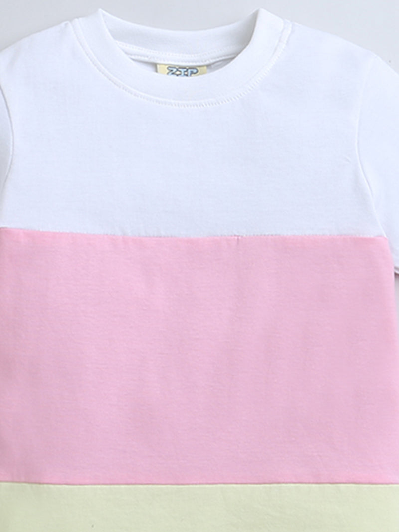 Yellow Pink White Color Block Half Sleeve T-shirt & Shorts Boys Co-ord Set